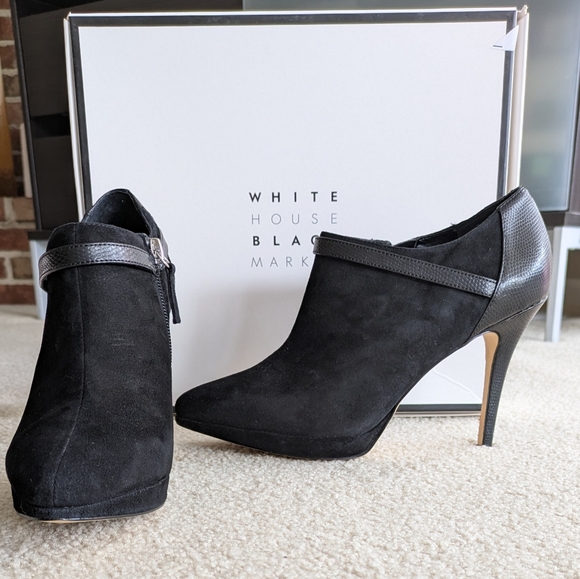 White House Black Market Black Genuine Suede Heeled Ankle Boot Sz 7.5 BRAND NEW - Picture 1 of 12